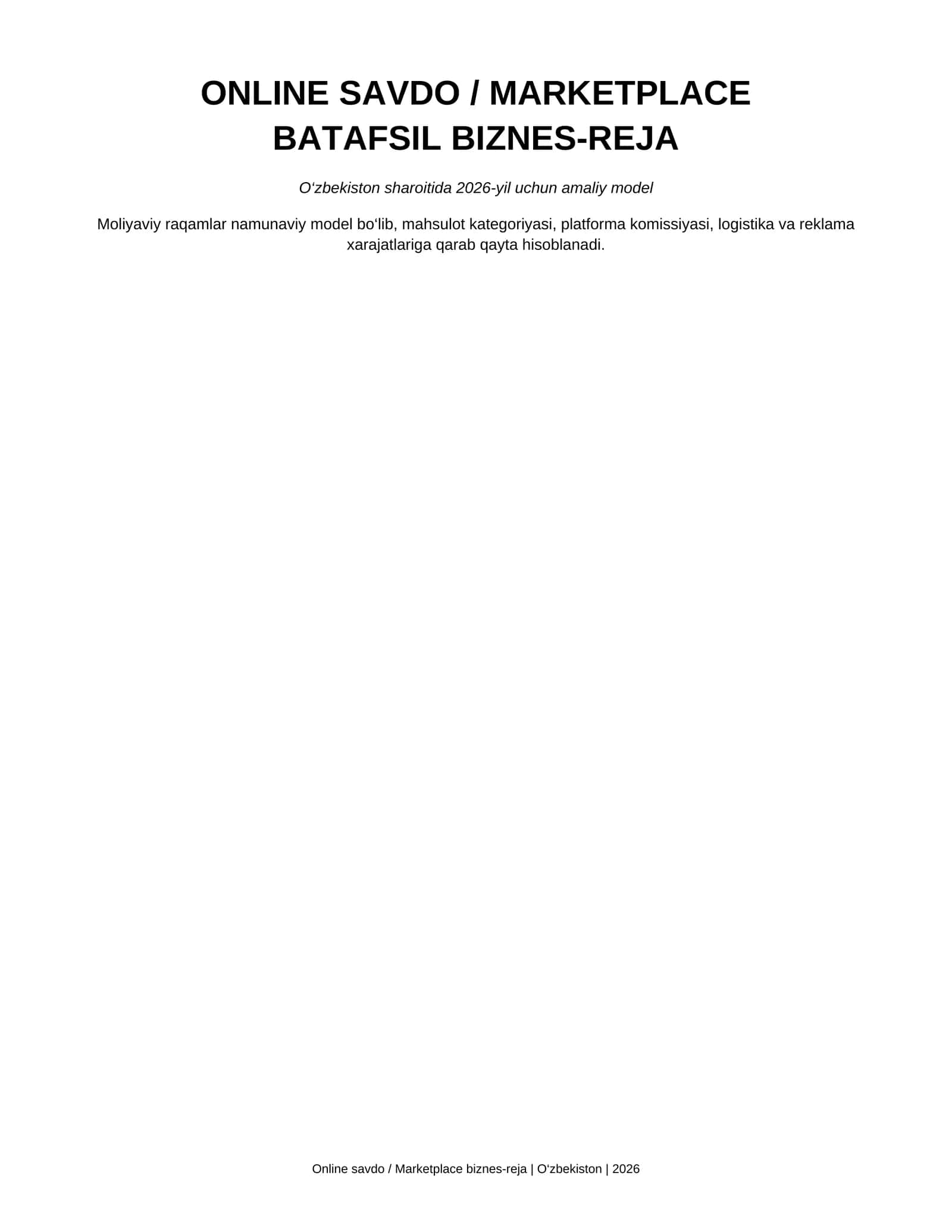 Biznes reja. ONLINE SAVDO / MARKETPLACE 2026-yil uchun 1