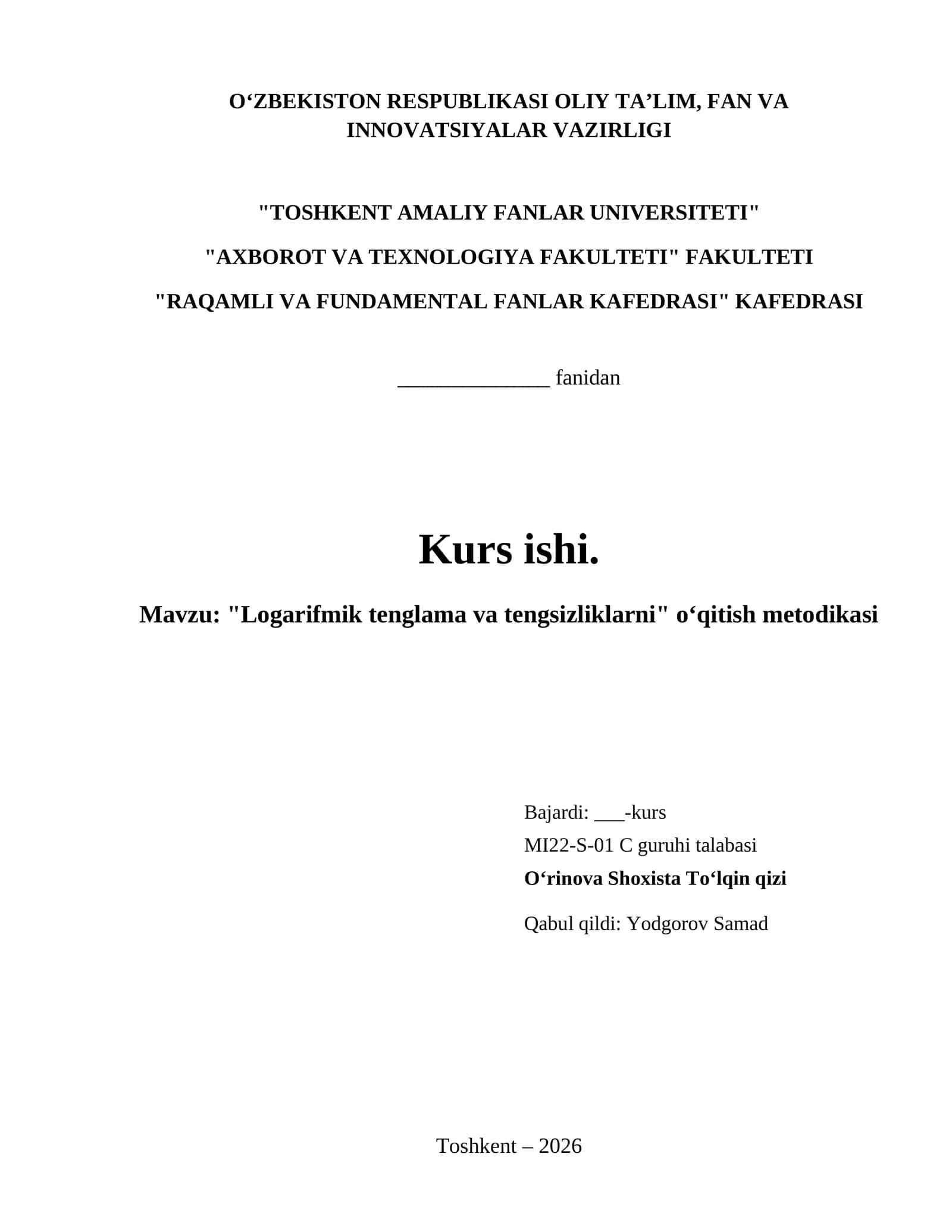 "Logarifmik tenglama va tengsizliklarni" oʻqitish metodikasi 1