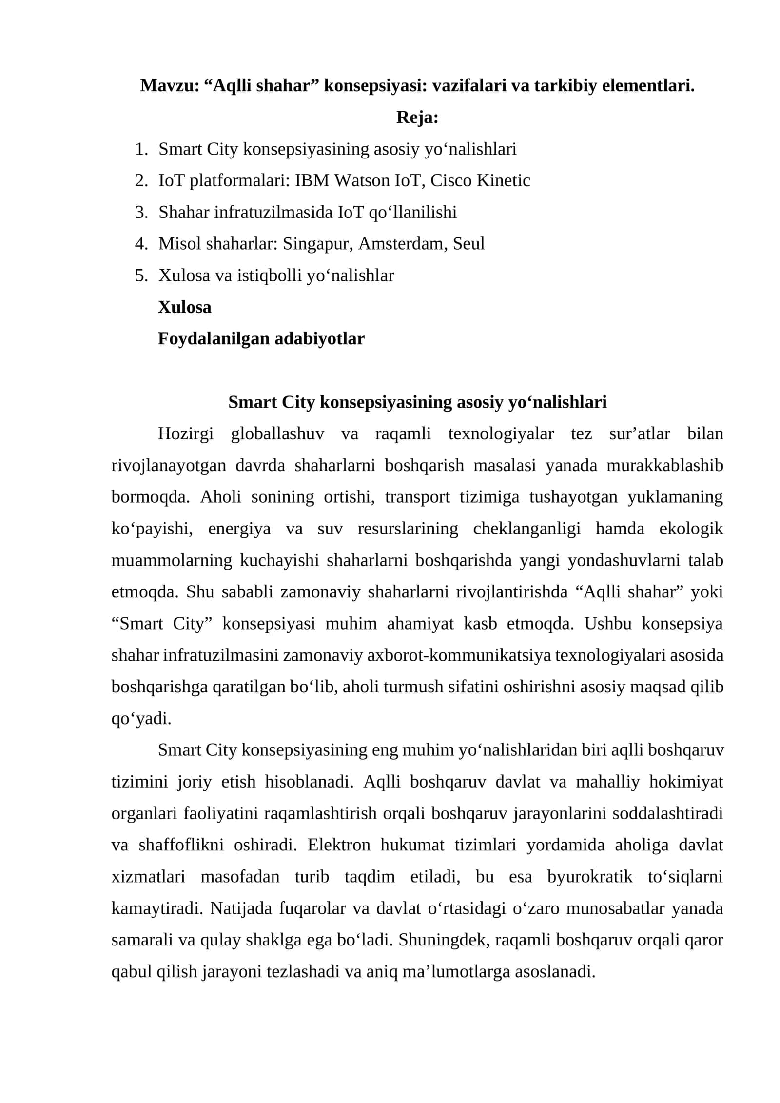 “Aqlli shahar” konsepsiyasi: vazifalari va tarkibiy elementlari 1