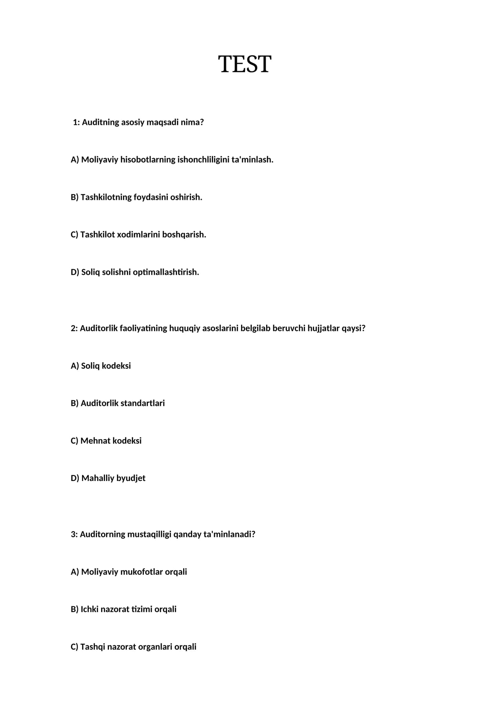 TEST Audit va audit faoliyati KRASVORD SAVOL VA JAVOBLARI 1