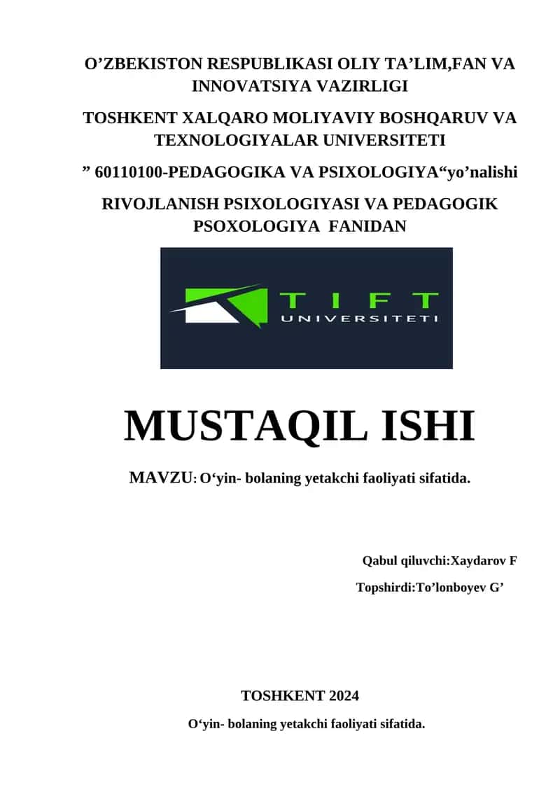 Oʻyin- bolaning yetakchi faoliyati sifatida 1