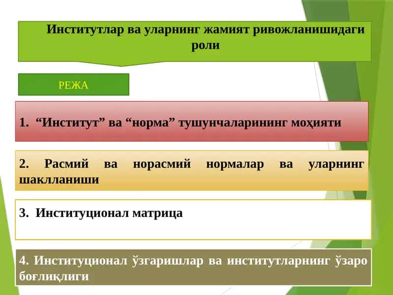 Институтлар ва уларнинг жамият ривожланишидаги роли 1