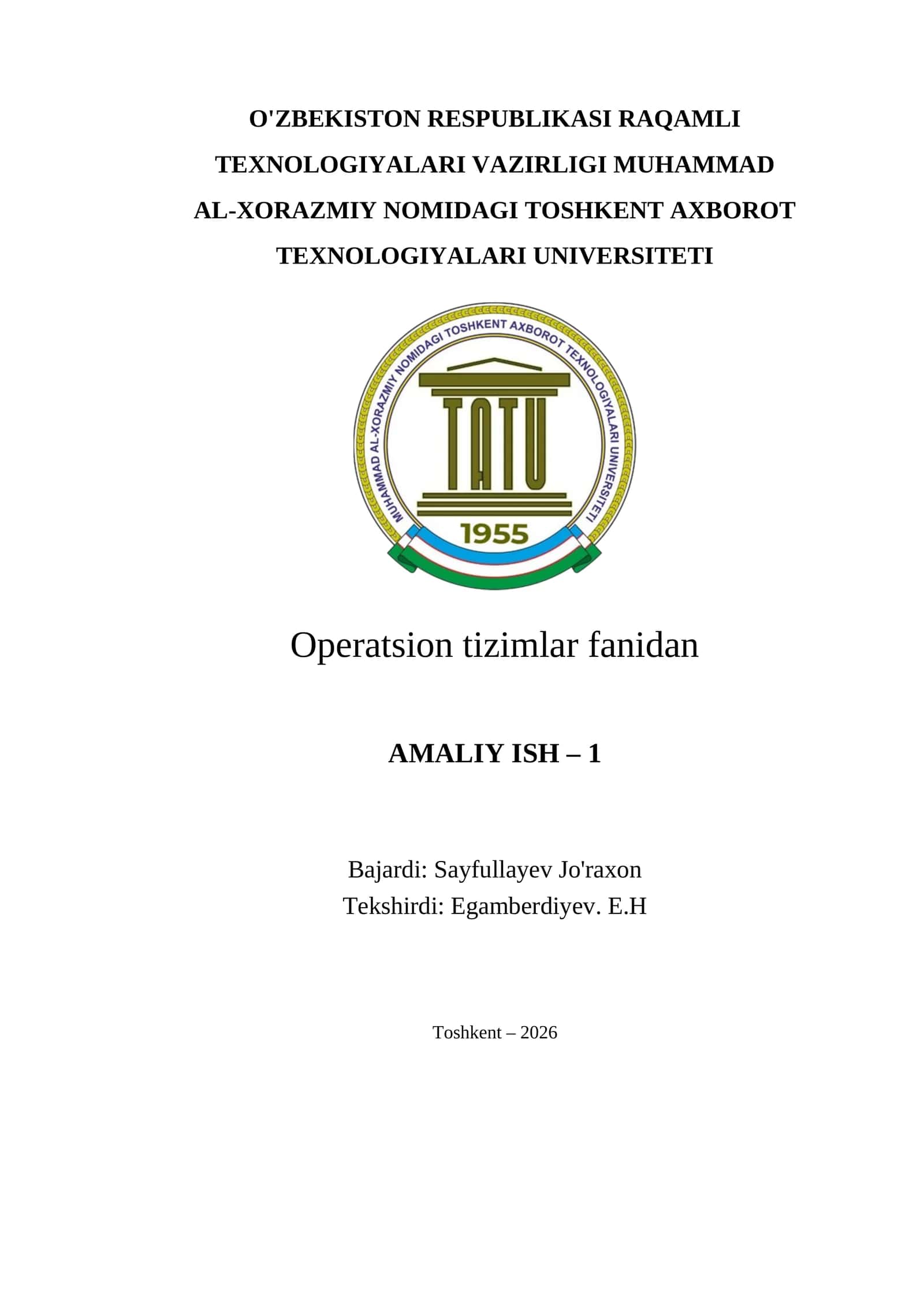 Operatsion tizimlar fanidan AMALIY ISH – 1 1