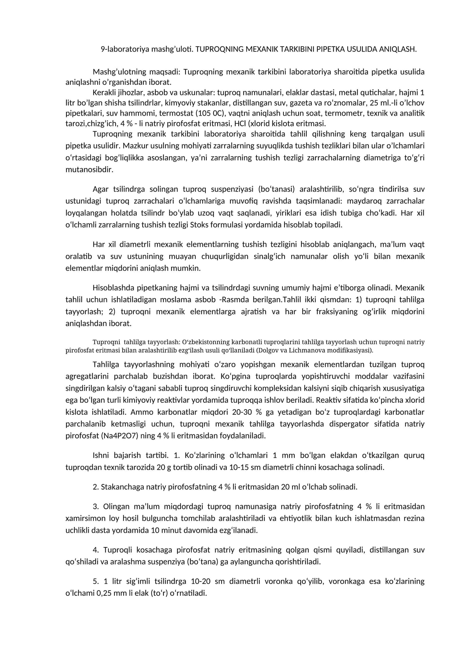 Tuproqning Mexanik Tarkibini Pipetka Usulida Aniqlash 1