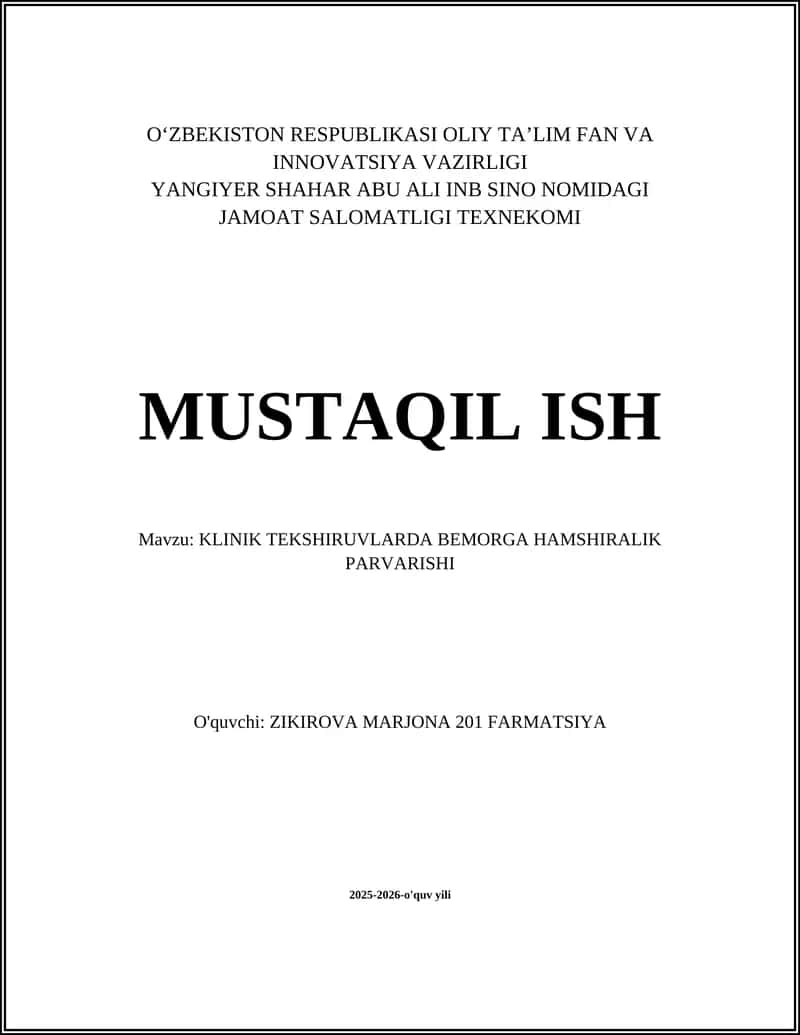 KLINIK TEKSHIRUVLARDA BEMORGA HAMSHIRALIK PARVARISHI 1