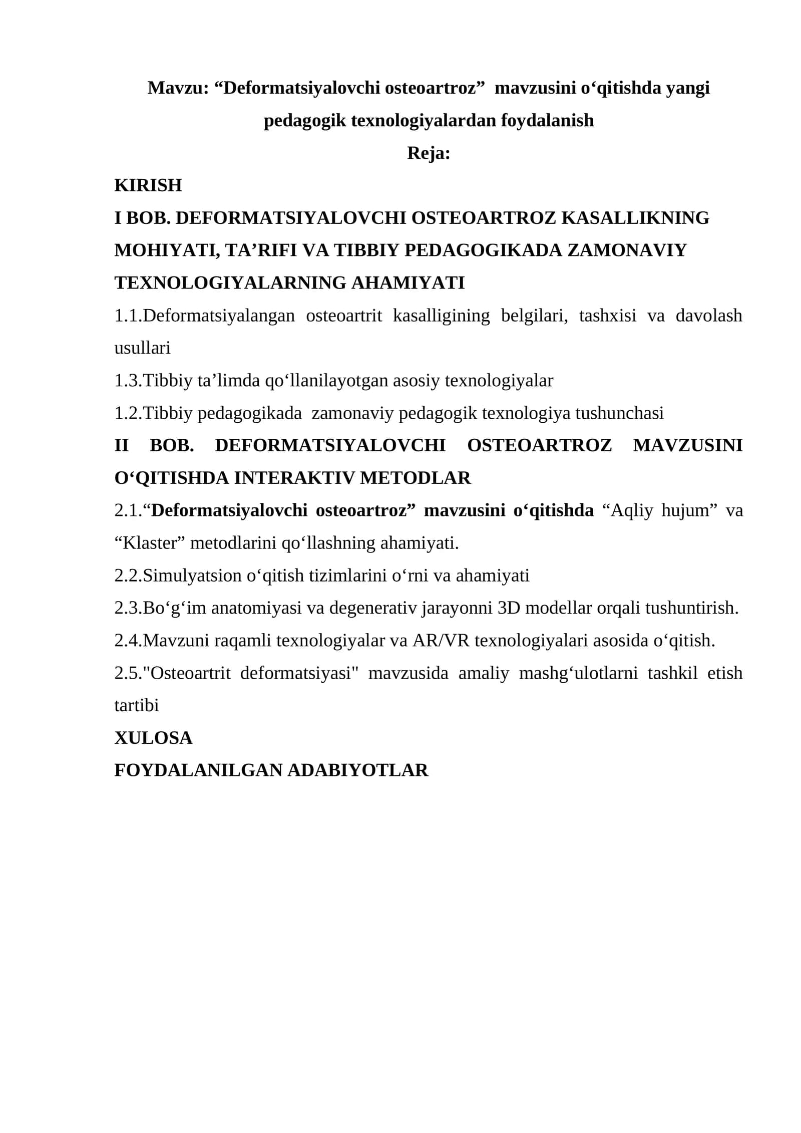 “Deformatsiyalovchi osteoartroz”  mavzusini o‘qitishda yangi pedagogik texnologiyalardan foydalanish 1
