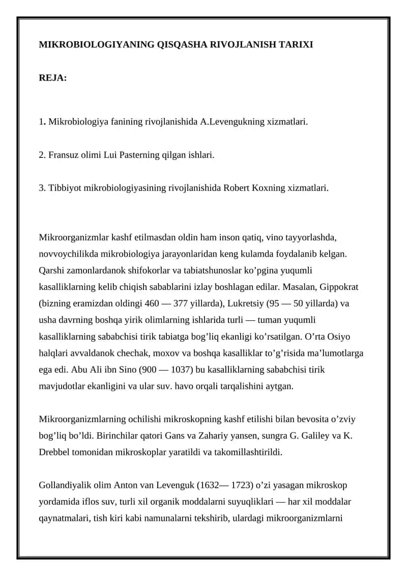 Mikrobiologiyani rivojlantirish tarixi 1