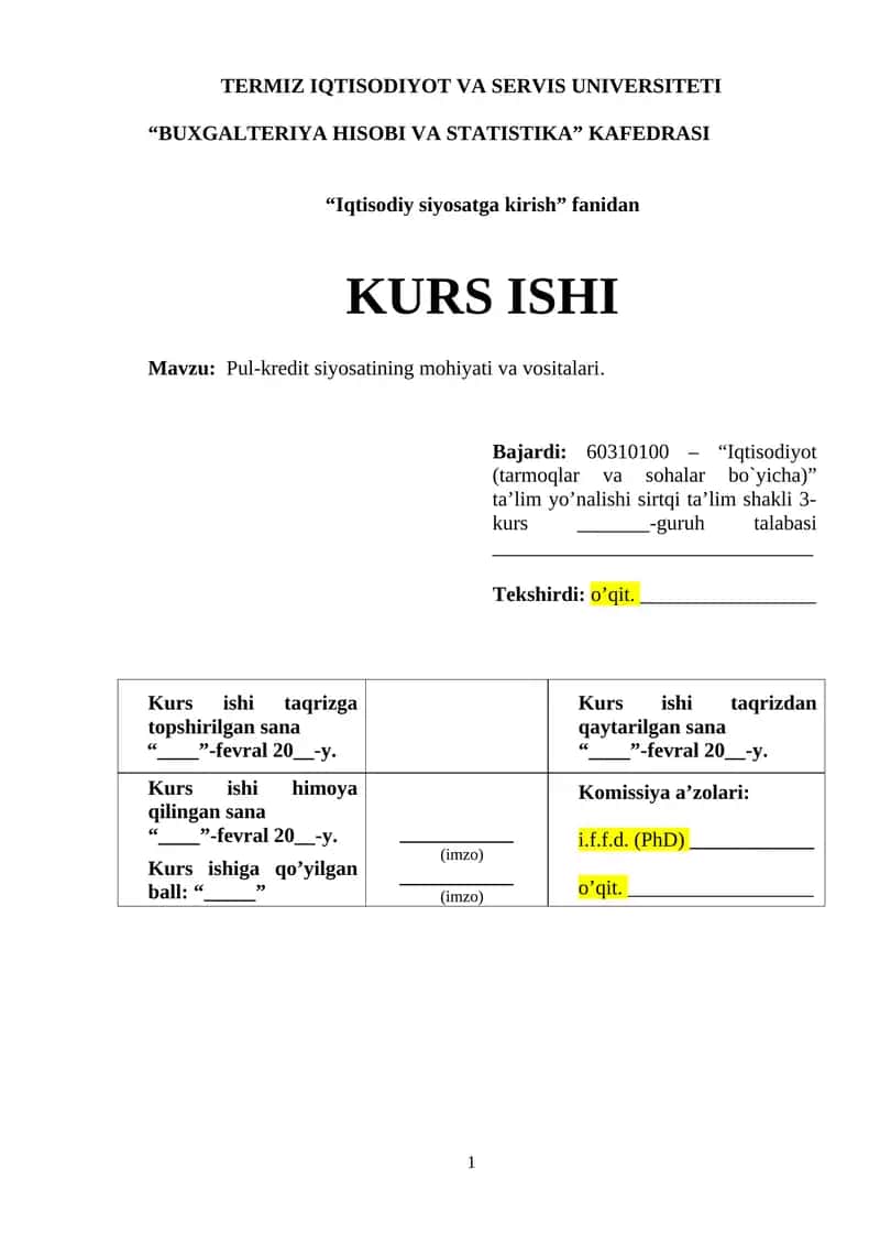 Pul-kredit siyosatining mohiyati va vositalari 1