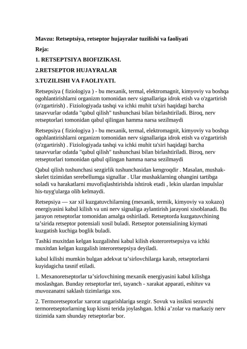 Retseptsiya, retseptor hujayralar tuzilishi va faoliyati 1