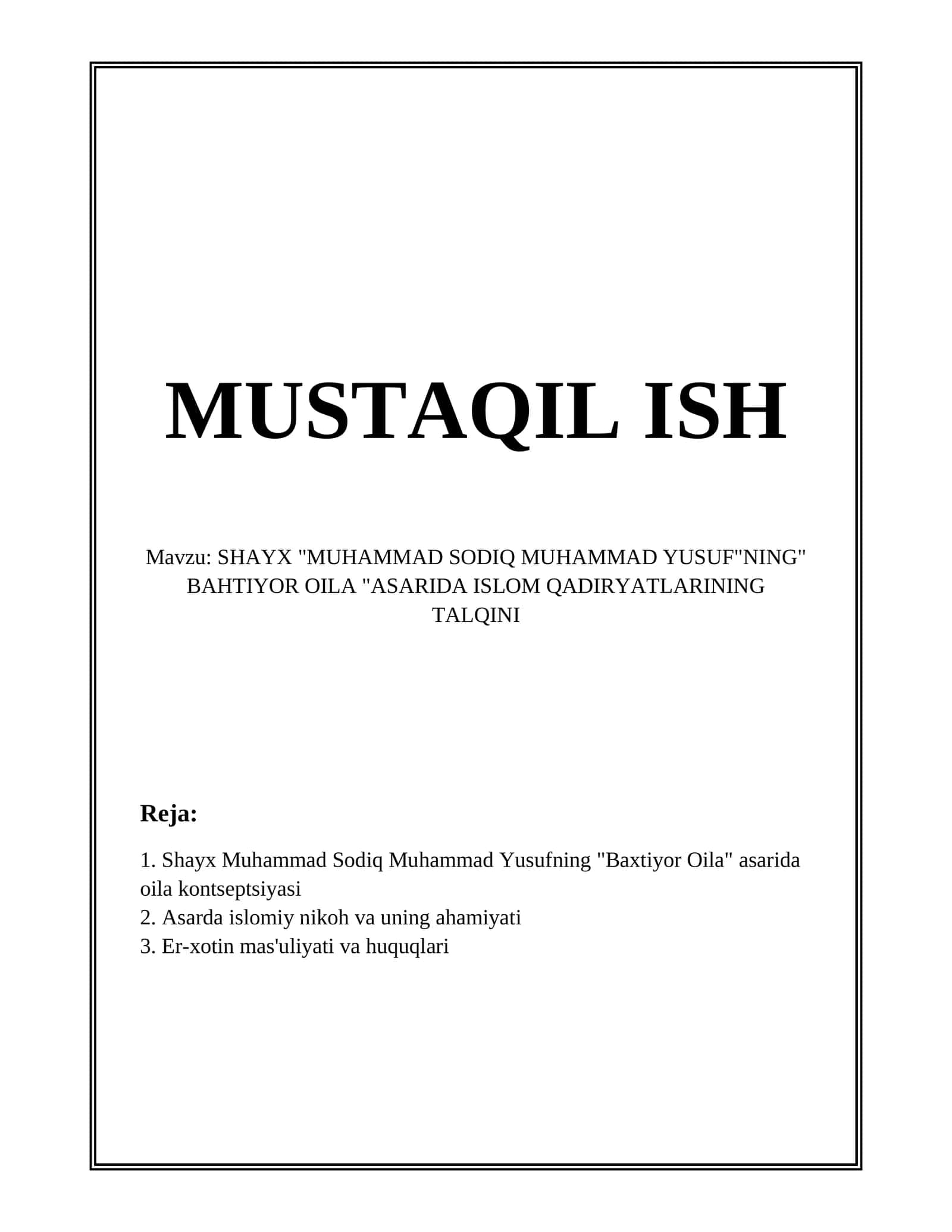 SHAYX MUHAMMAD SODIQ MUHAMMAD YUSUFNING BAHTIYOR OILA ASARIDA ISLOM QADIRYATLARINING TALQINI 1