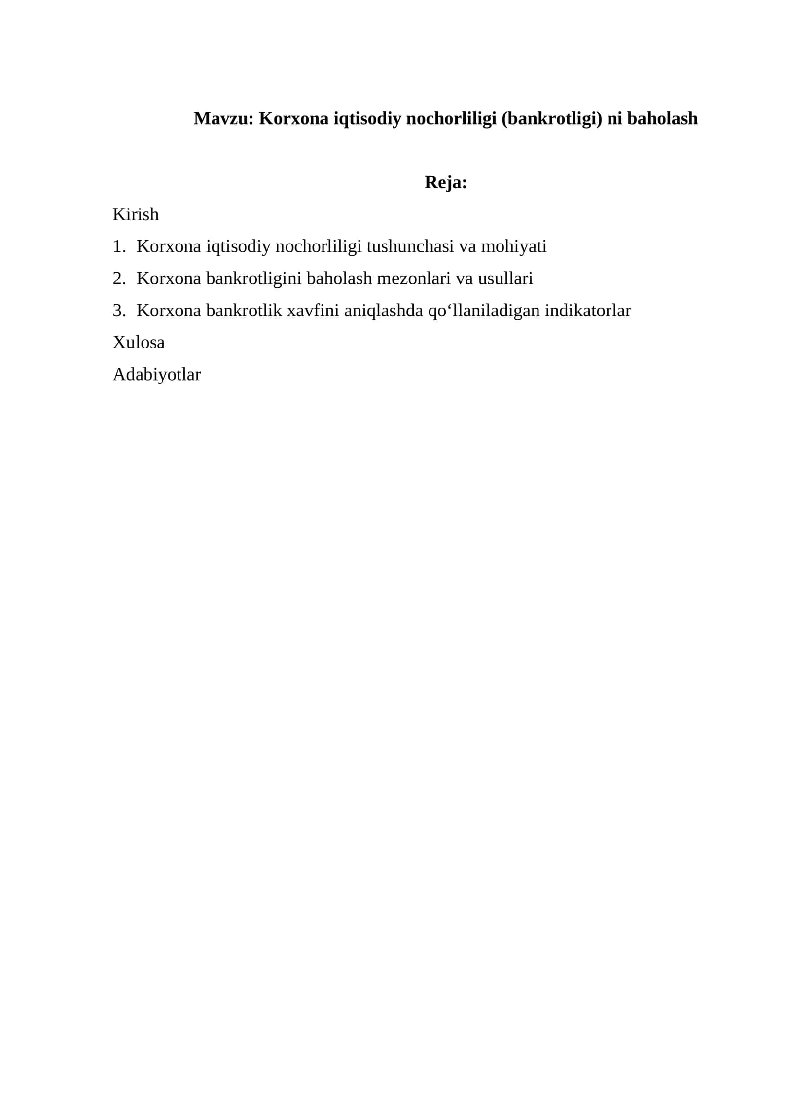 Korxona iqtisodiy nochorliligi (bankrotligi) ni baholash 1