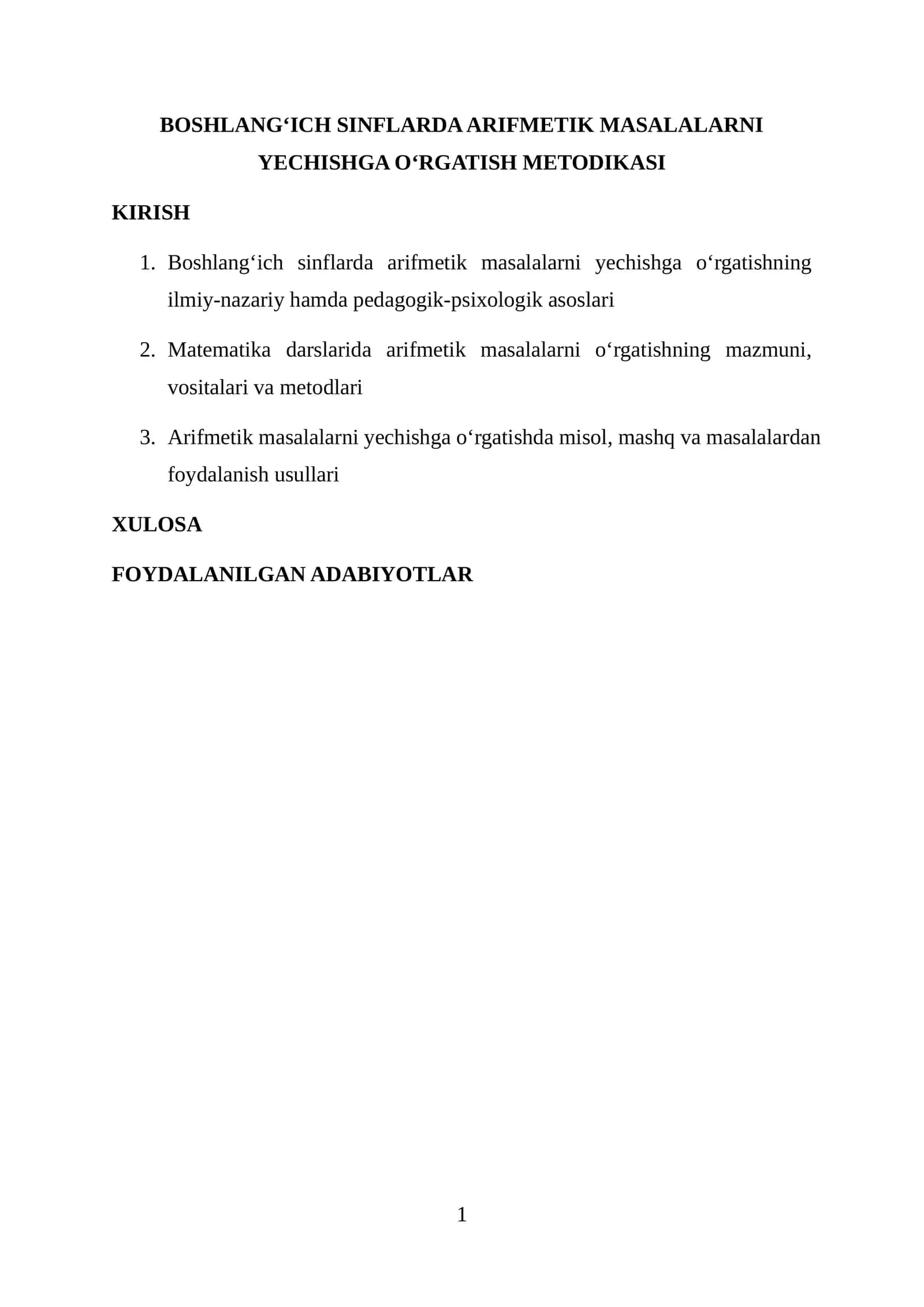 Arifmetik masalalarni yechishga o‘rgatish metodikasi 1