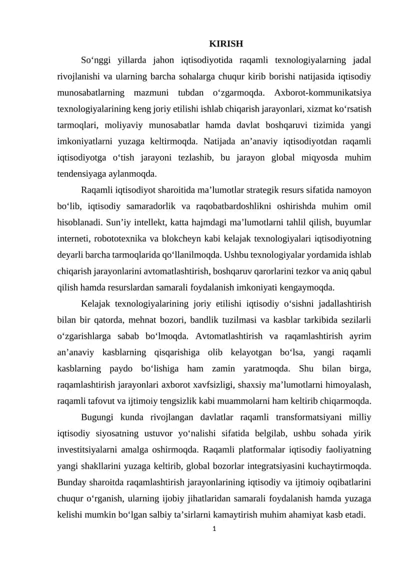 Kelajak texnologiyalari va raqamlashtirish oqibatlari. 1