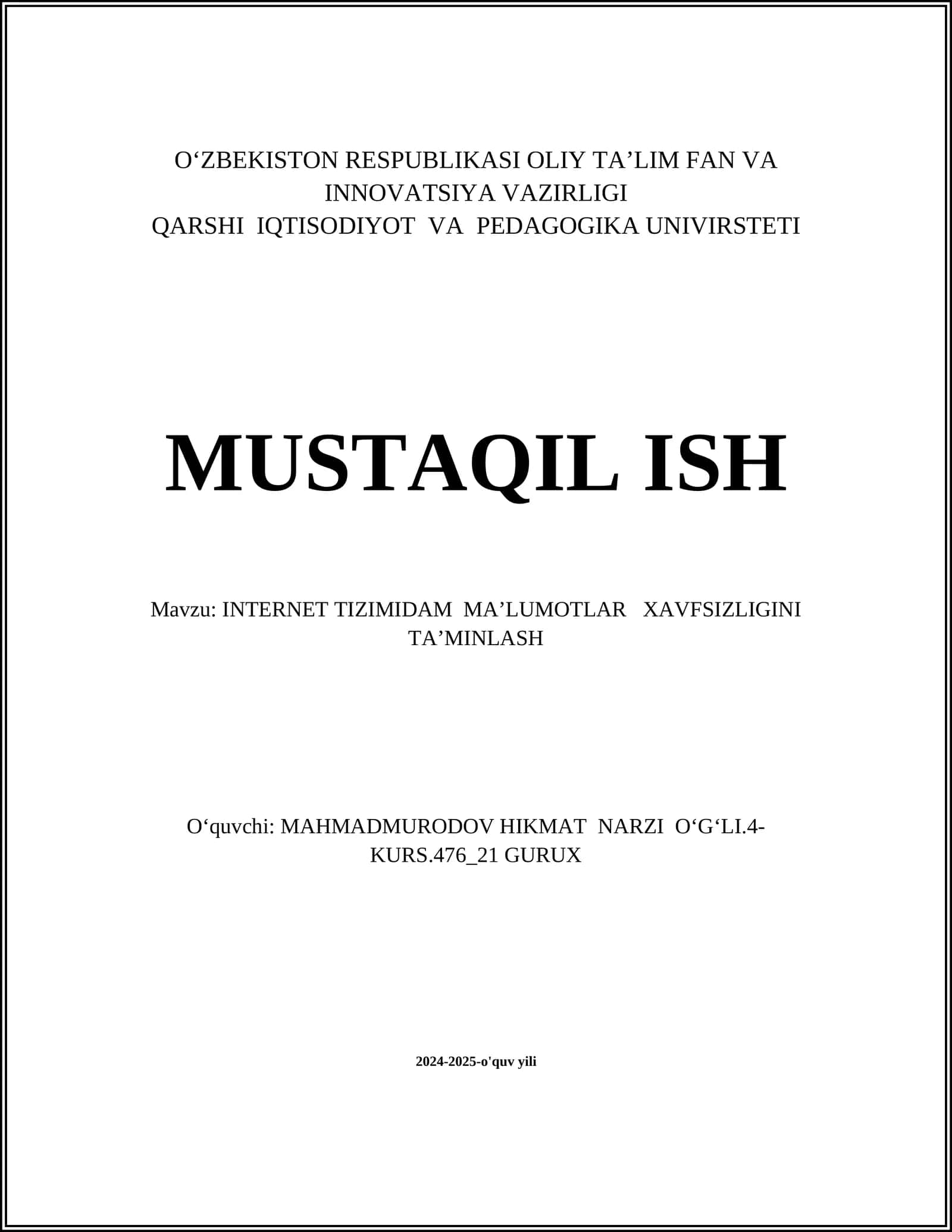 INTERNET TIZIMIDAM MAʼLUMOTLAR XAVFSIZLIGINI TAʼMINLASH 1