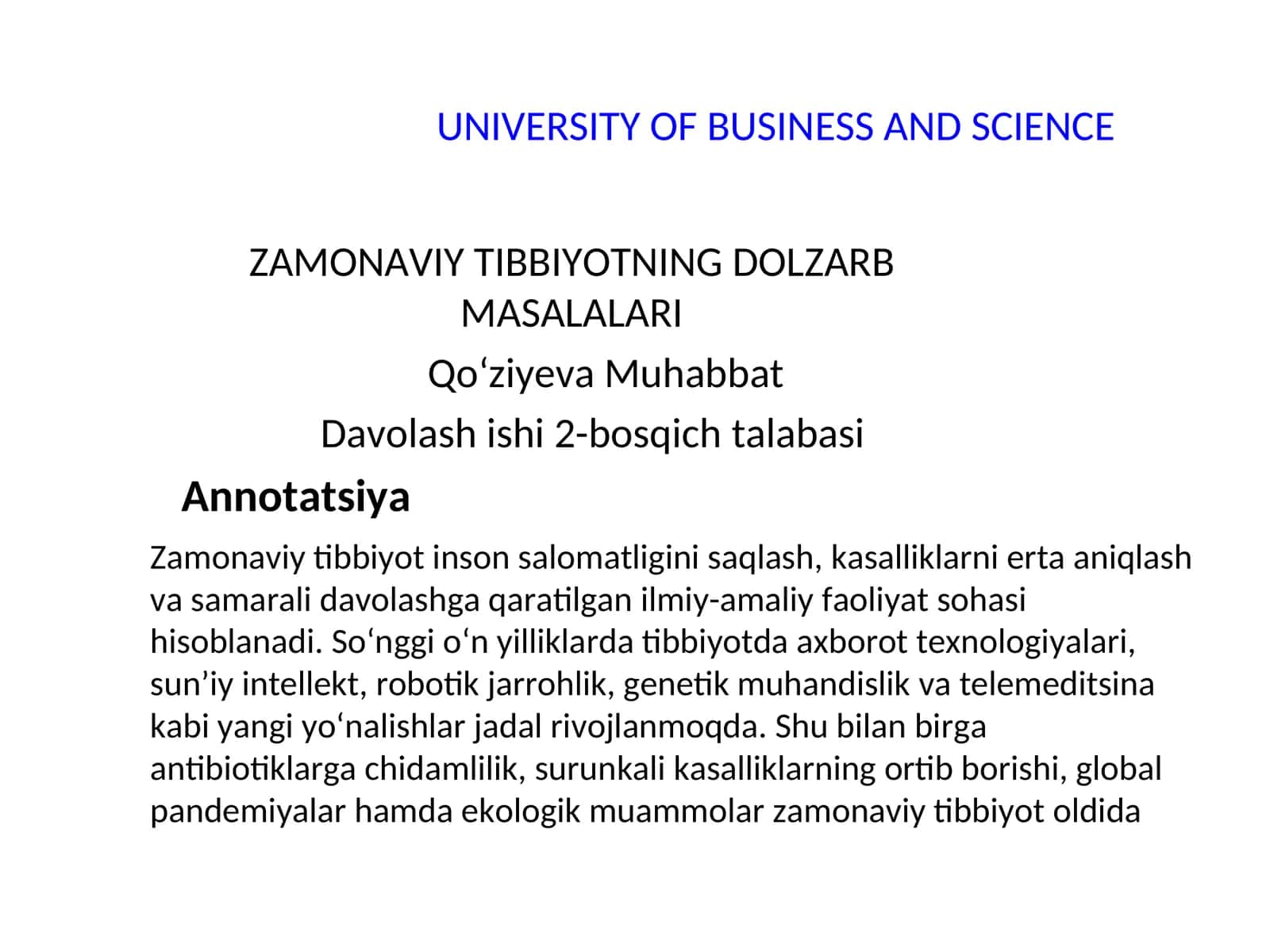 Zamonaviy tibbiyotning dolzarb masalalari 1