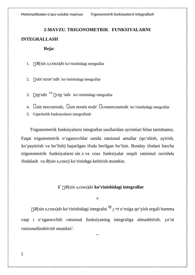 TRIGONOMETRIK FUNKSIYALARNI INTEGRALLASH 1