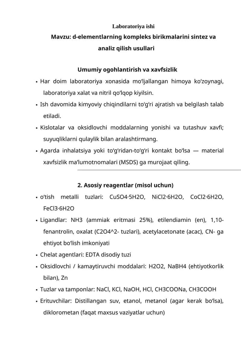 d-elementlarning kompleks birikmalarini sintez va analiz qilish usullari 1