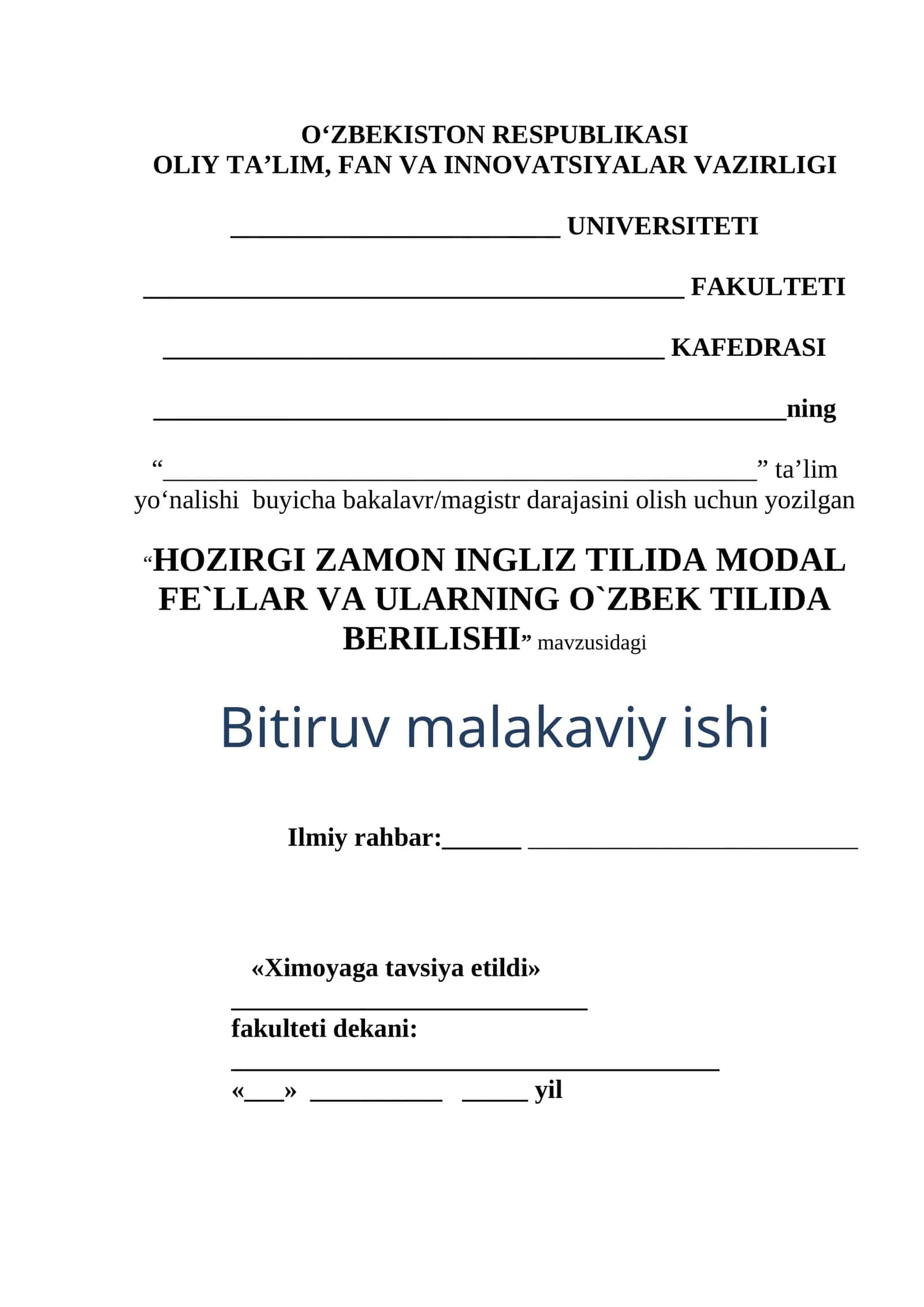 HOZIRGI ZAMON INGLIZ TILIDA MODAL FE`LLAR VA ULARNING O`ZBEK TILIDA BERILISHI 1