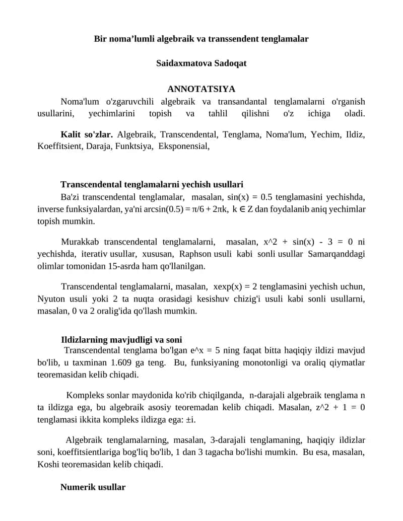 Noma'lum algebraik va transsendent tenglamalar 1