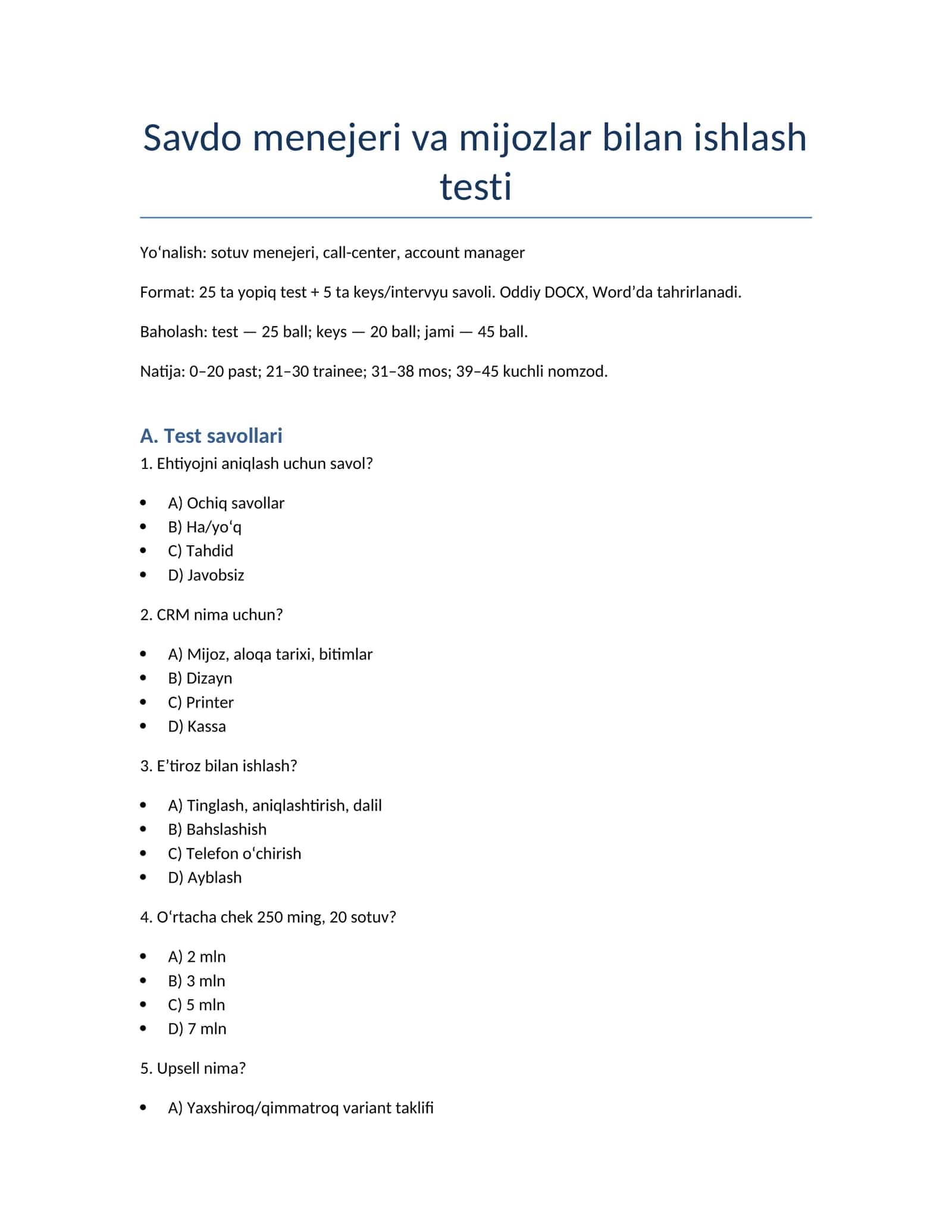 Savdo menejeri va mijozlar bilan ishlash testi 1