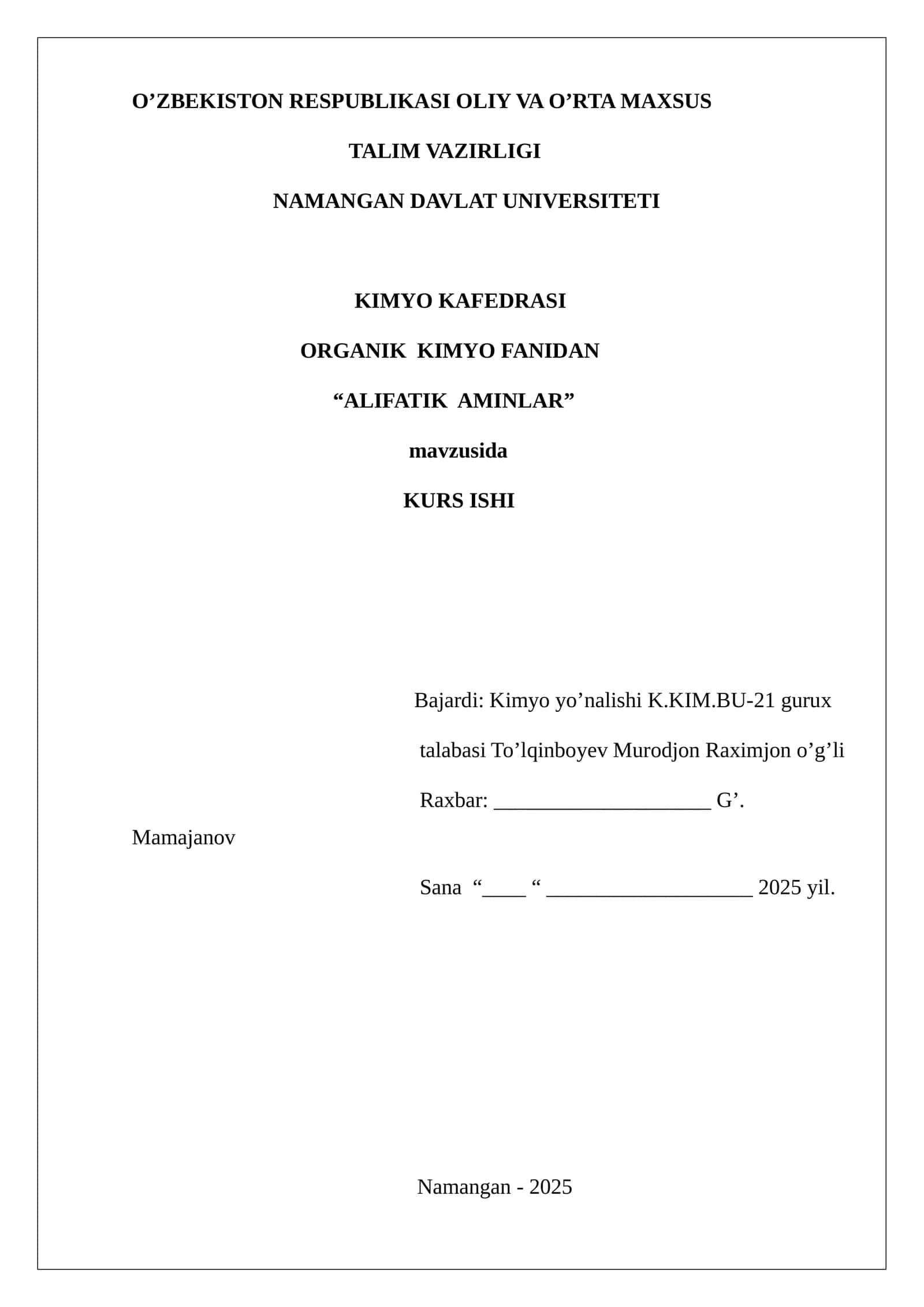 Alifatik Aminlar Kurs ishi 1