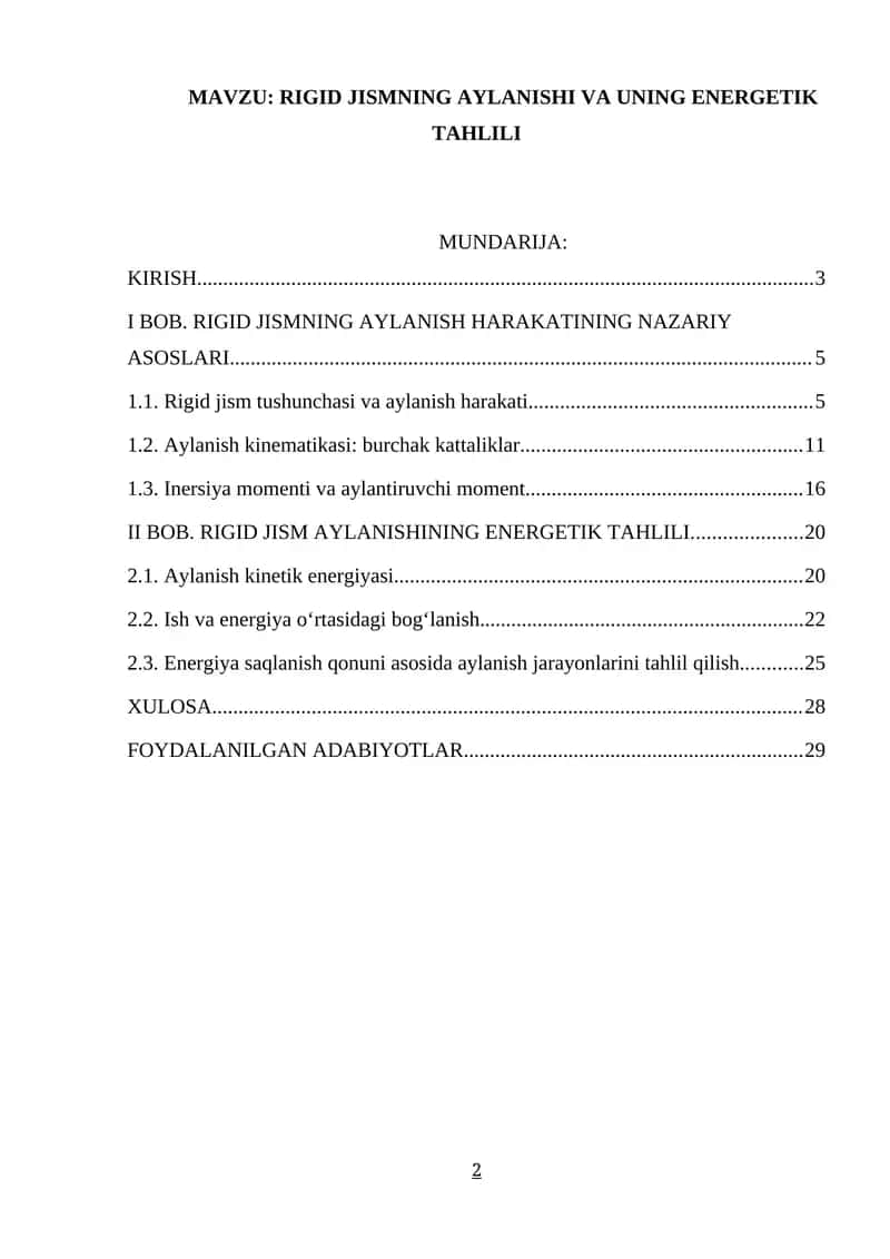 RIGID JISMNING AYLANISHI VA UNING ENERGETIK TAHLILI 1