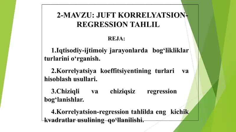 JUFT KORRЕLYATSION-RЕGRЕSSION TAHLIL 1