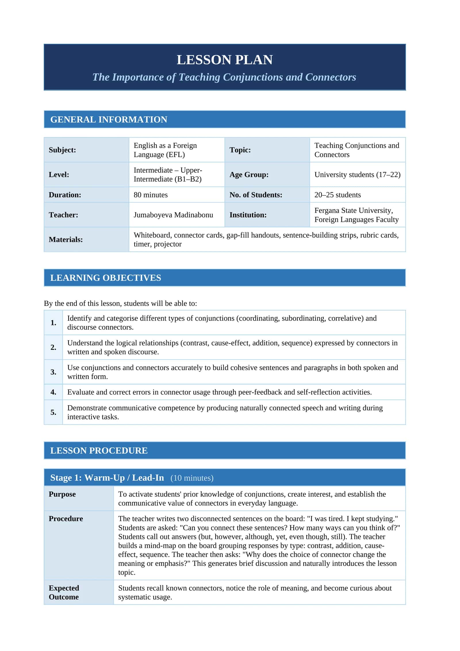 LESSON PLAN: The Importance of Teaching Conjunctions and Connectors 1