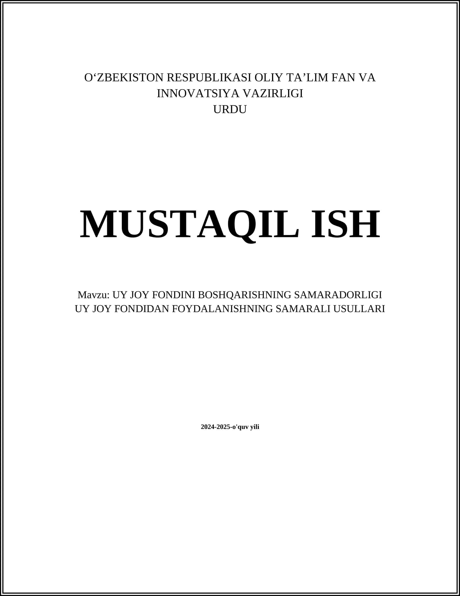 UY JOY FONDINI BOSHQARISHNING SAMARADORLIGI 1