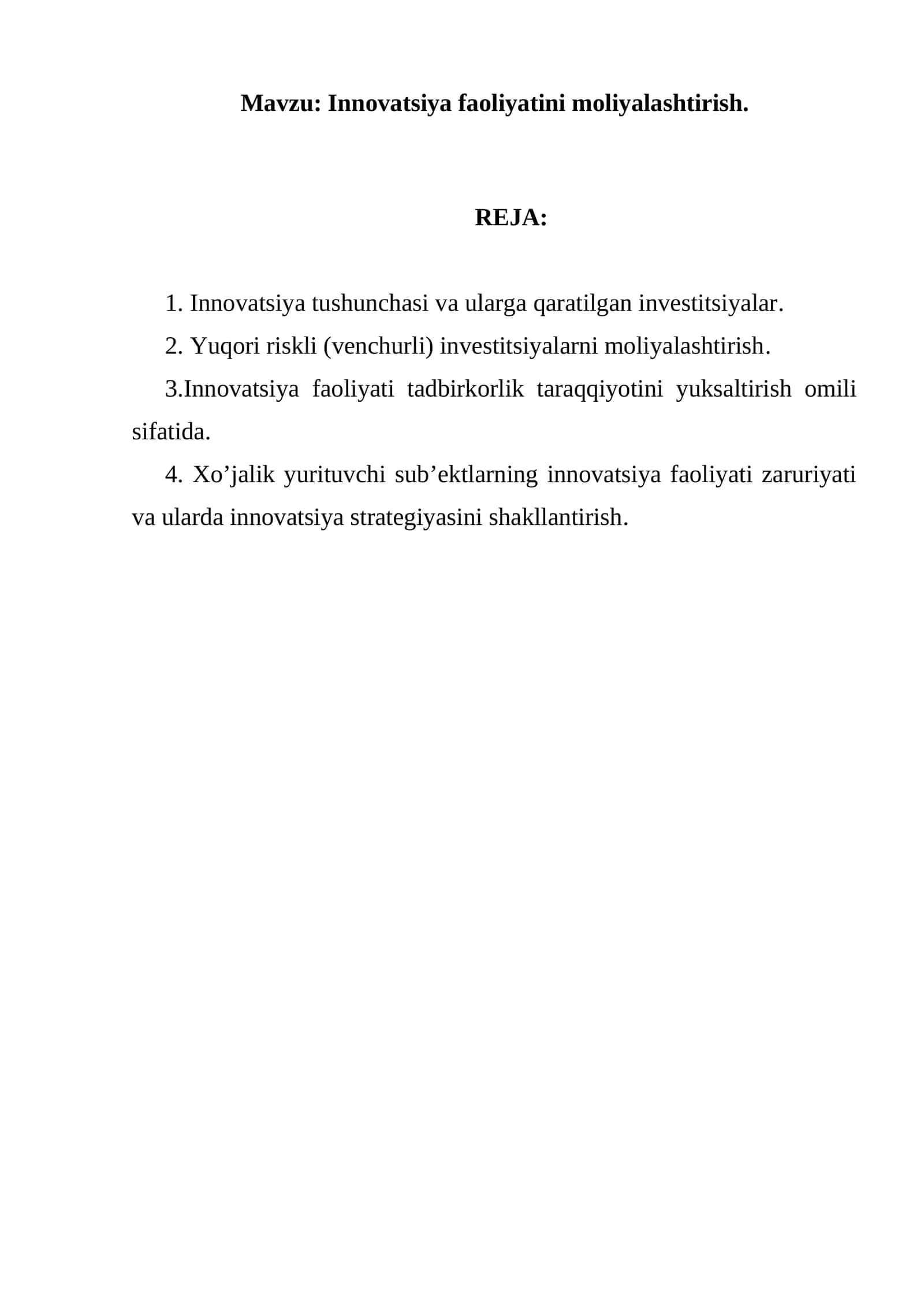 Innovatsiya faoliyatini moliyalashtirish 1