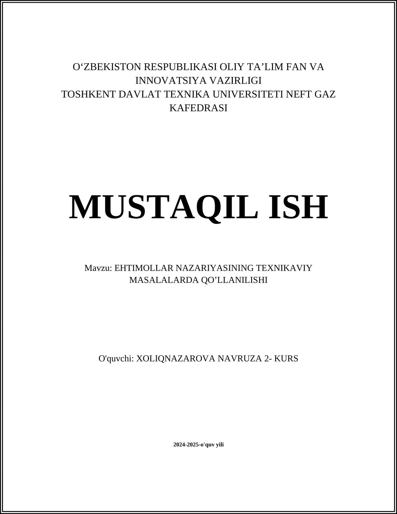 EHTIMOLLAR NAZARIYASINING TEXNIKAVIY MASALALARDA QO’LLANILISHI 1