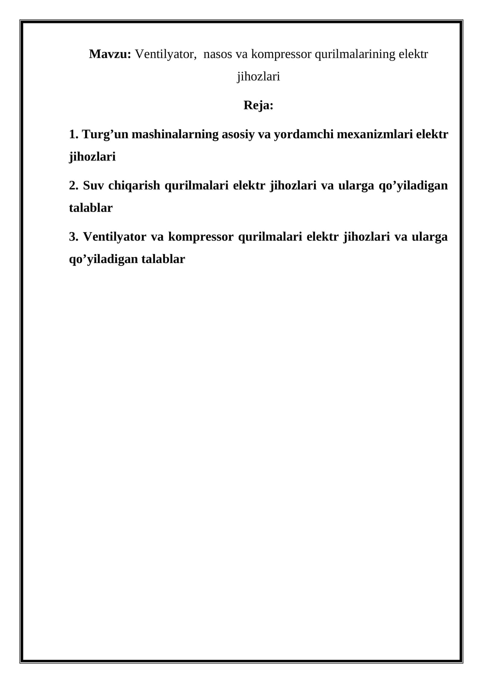 Ventilyator, nasos va kompressor qurilmalarining elektr jihozlari 1