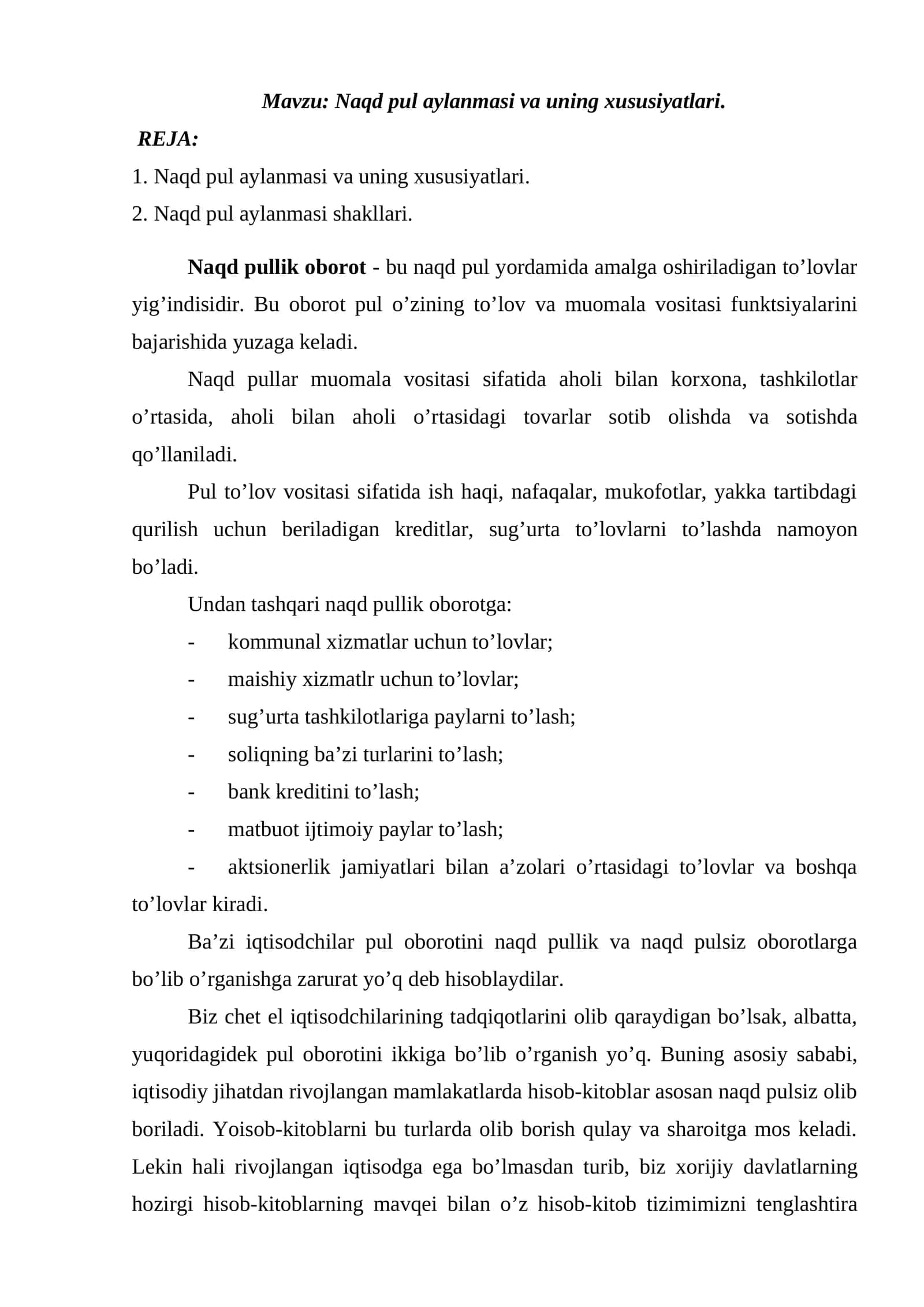 Naqd pul aylanmasi va uning xususiyatlari 1