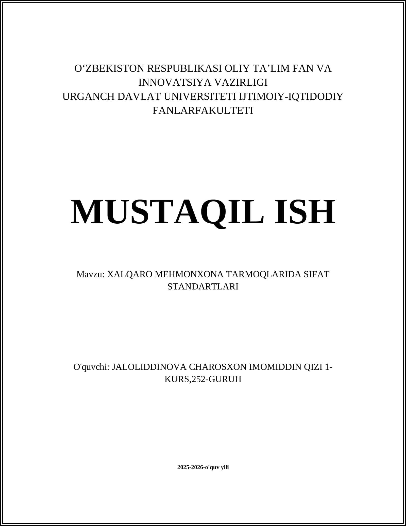 XALQARO MEHMONXONA TARMOQLARIDA SIFAT STANDARTLARI 1
