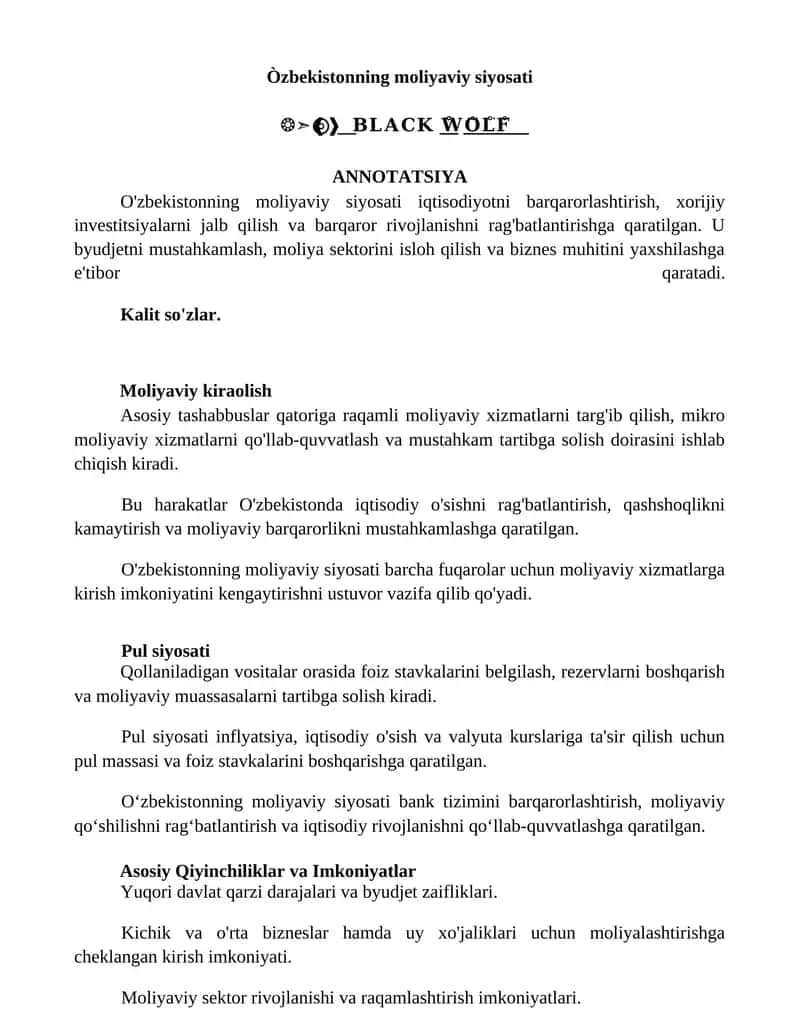 O'zbekistonning moliyaviy siyosati 1