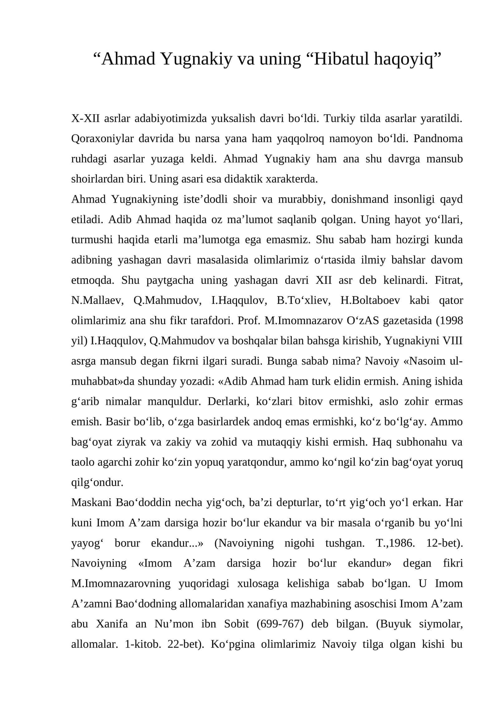 “Ahmad Yugnakiy va uning “Hibatul haqoyiq” 1