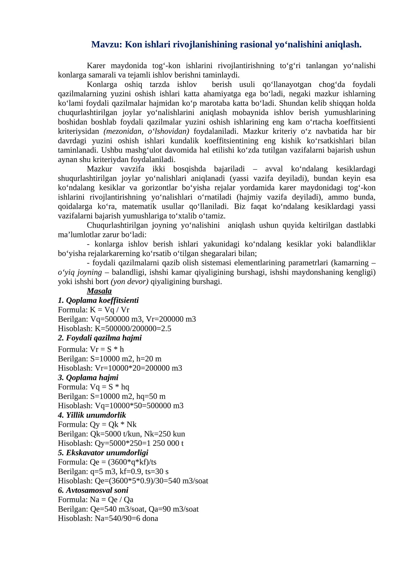 Kon ishlari rivojlanishining rasional yo‘nalishini aniqlash 1