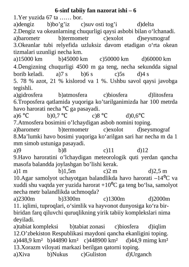 6-sinf tabiiy fan nazorat ishi 1