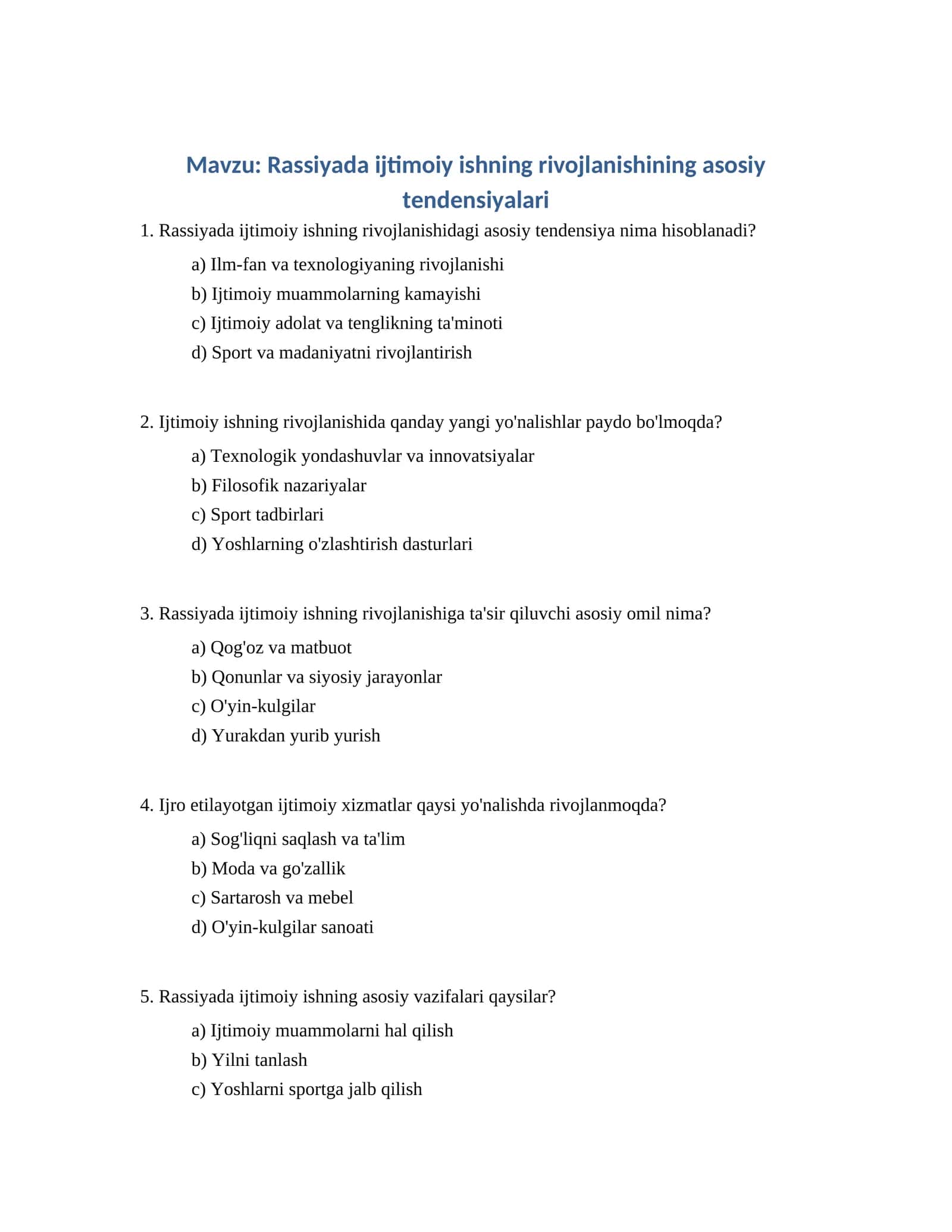Rassiyada ijtimoiy ishning rivojlanishining asosiy tendensiyalari 1