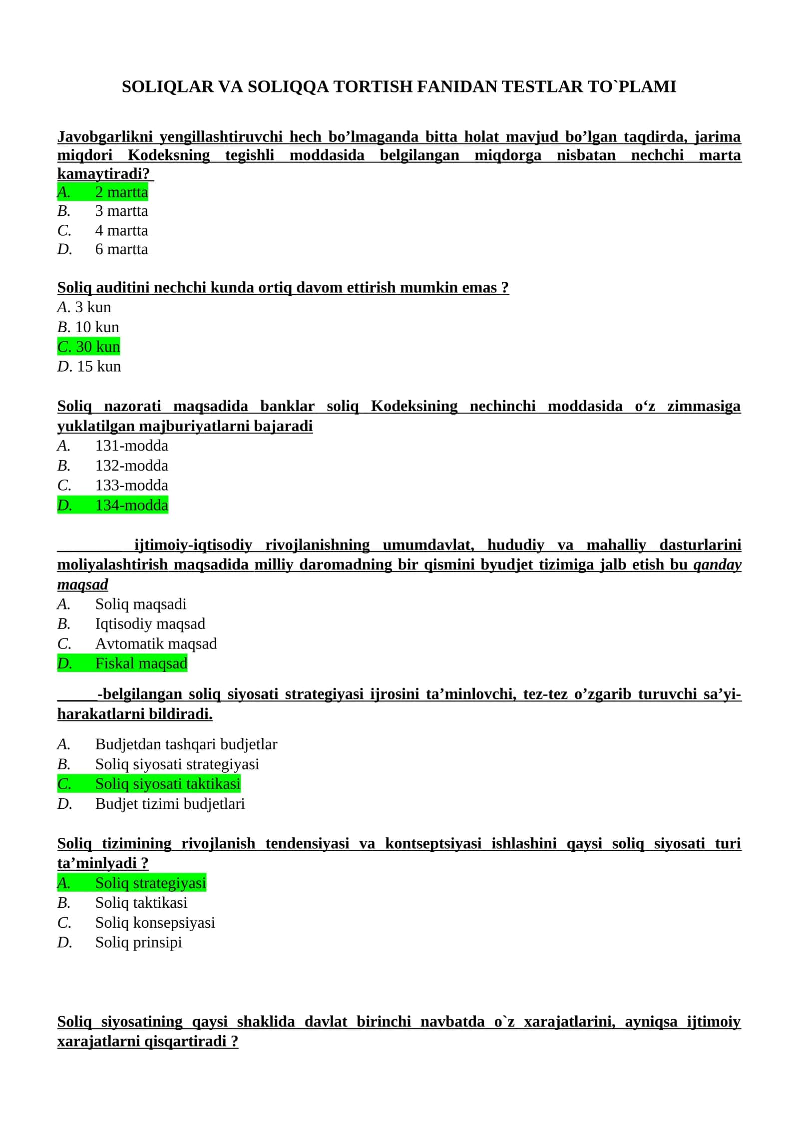 SOLIQLAR VA SOLIQQA TORTISH FANIDAN TESTLAR TO`PLAMI 1