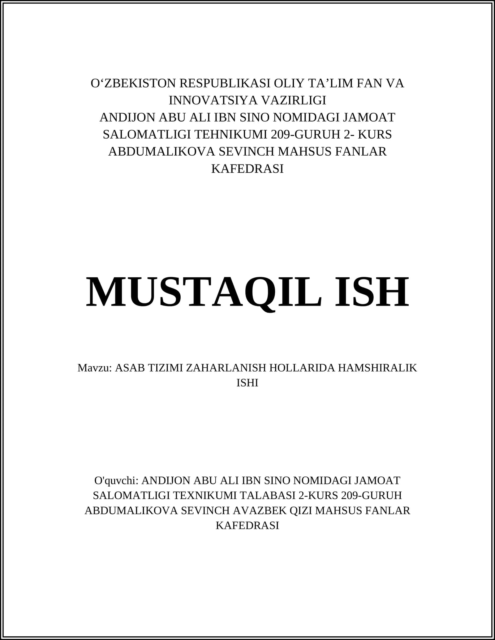 ASAB TIZIMI ZAHARLANISH HOLLARIDA HAMSHIRALIK ISHI 1