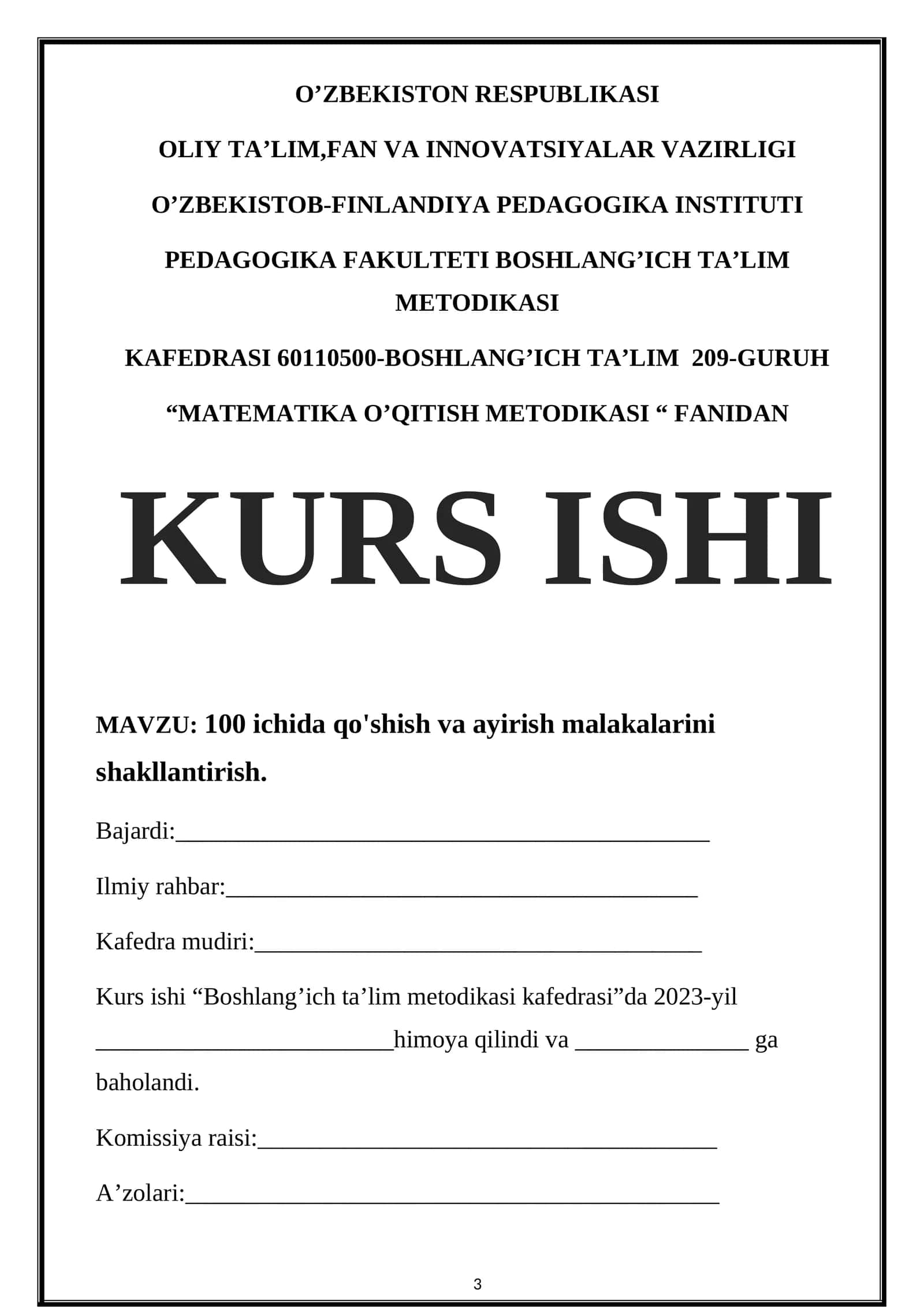 MATEMATIKA O’QITISH METODIKASI "FANIDAN KURS ISHI" 1