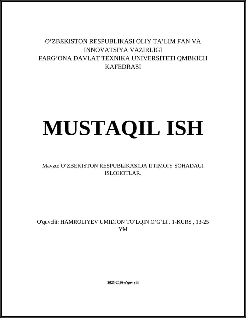 O‘ZBEKISTON RESPUBLIKASIDA IJTIMOIY SOHADAGI ISLOHOTLAR 1