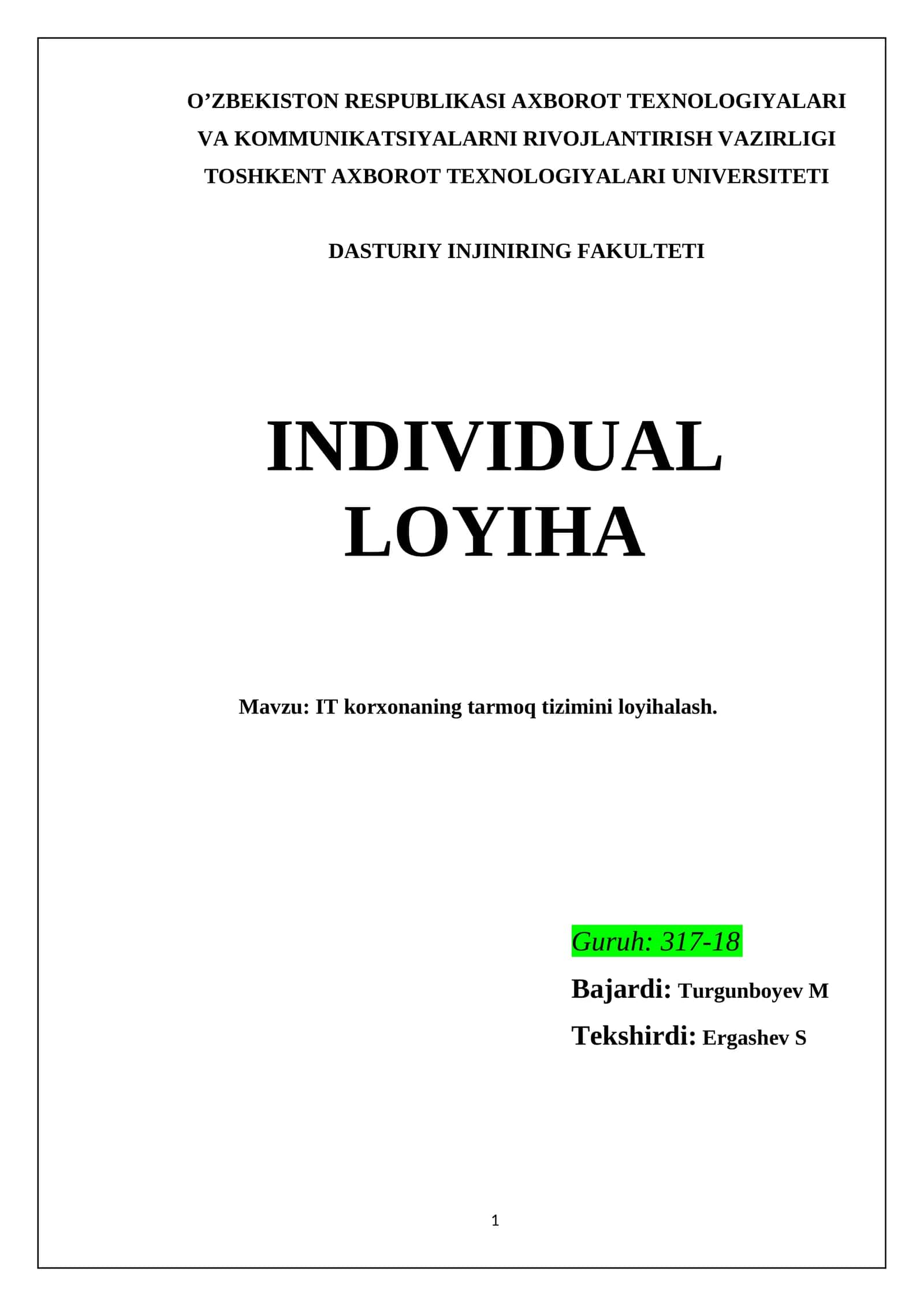 IT korxonaning tarmoq tizimini loyihalash 1