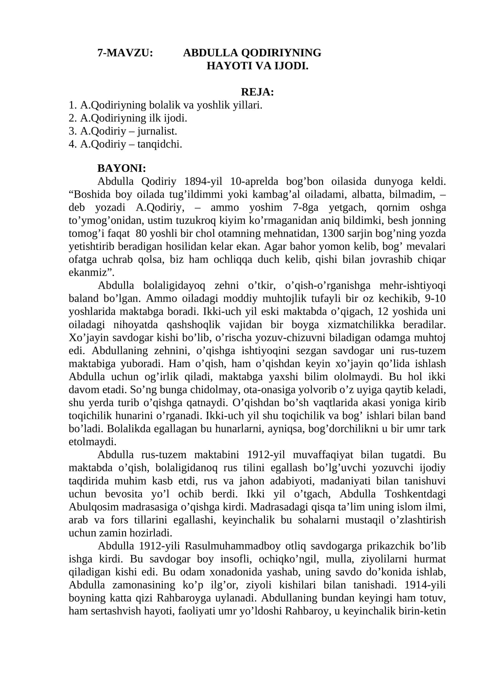 ABDULLA QODIRIYNING HAYOTI VA IJODI 1