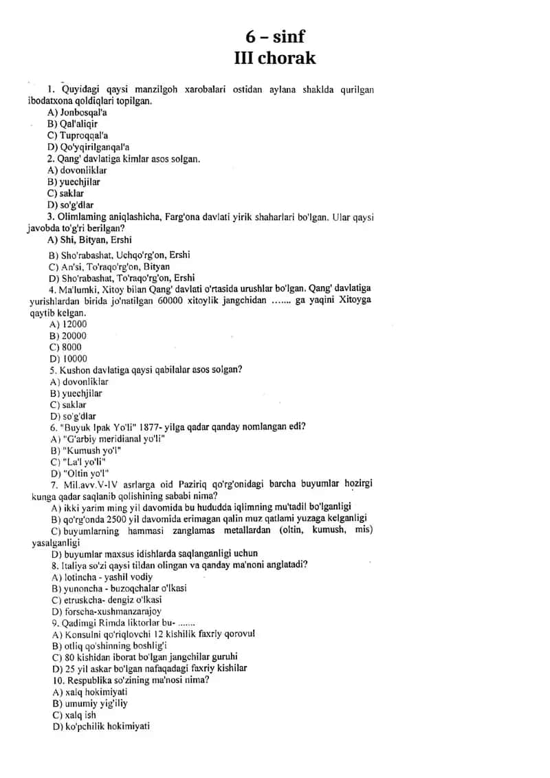 6 – sinf III chorak Test javoblari 1