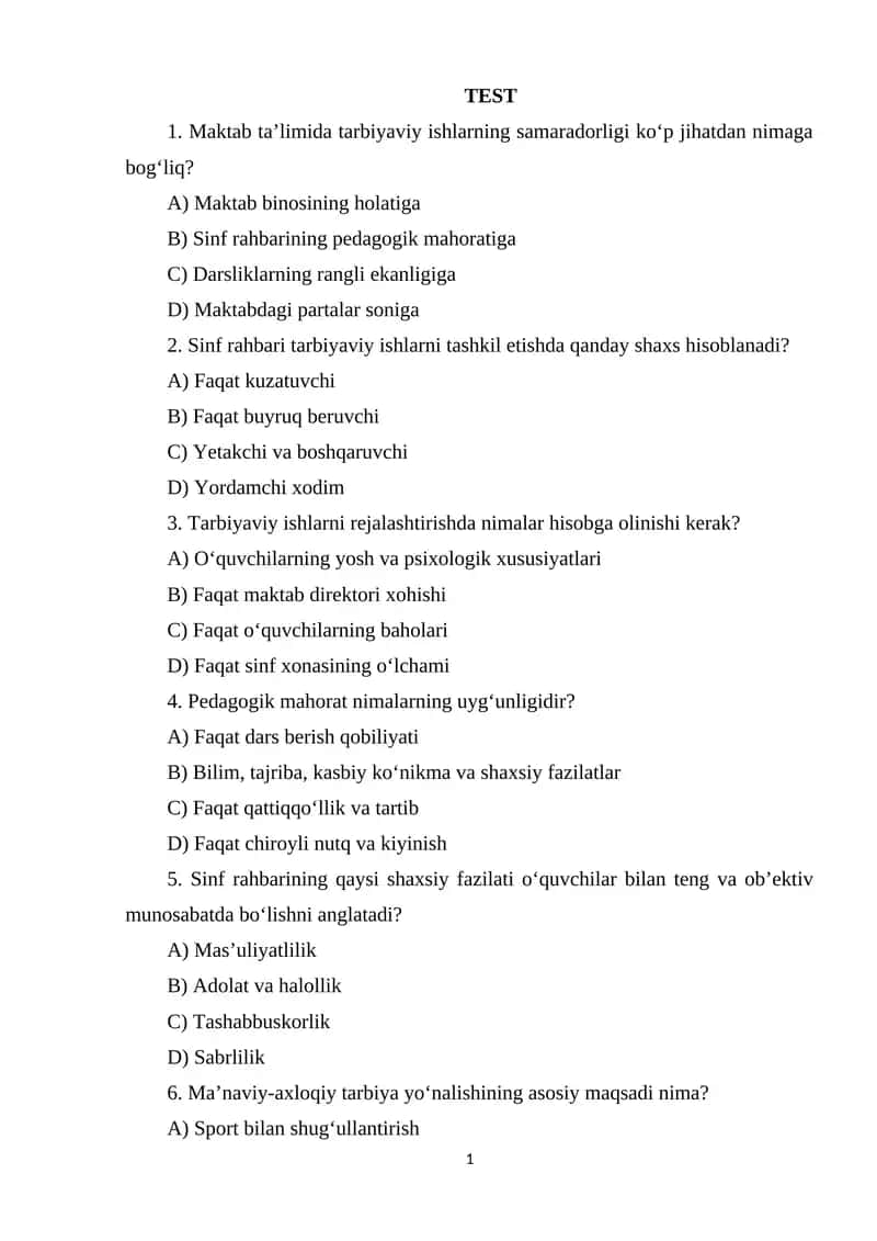 Tarbiyaviy ishlarni amalga oshirishda sinf rahbarining pedagogik mahorati mavzusidan test.docx 1