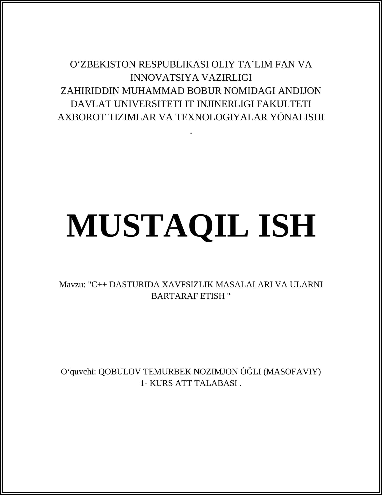 "C++ DASTURIDA XAVFSIZLIK MASALALARI VA ULARNI BARTARAF ETISH" 1