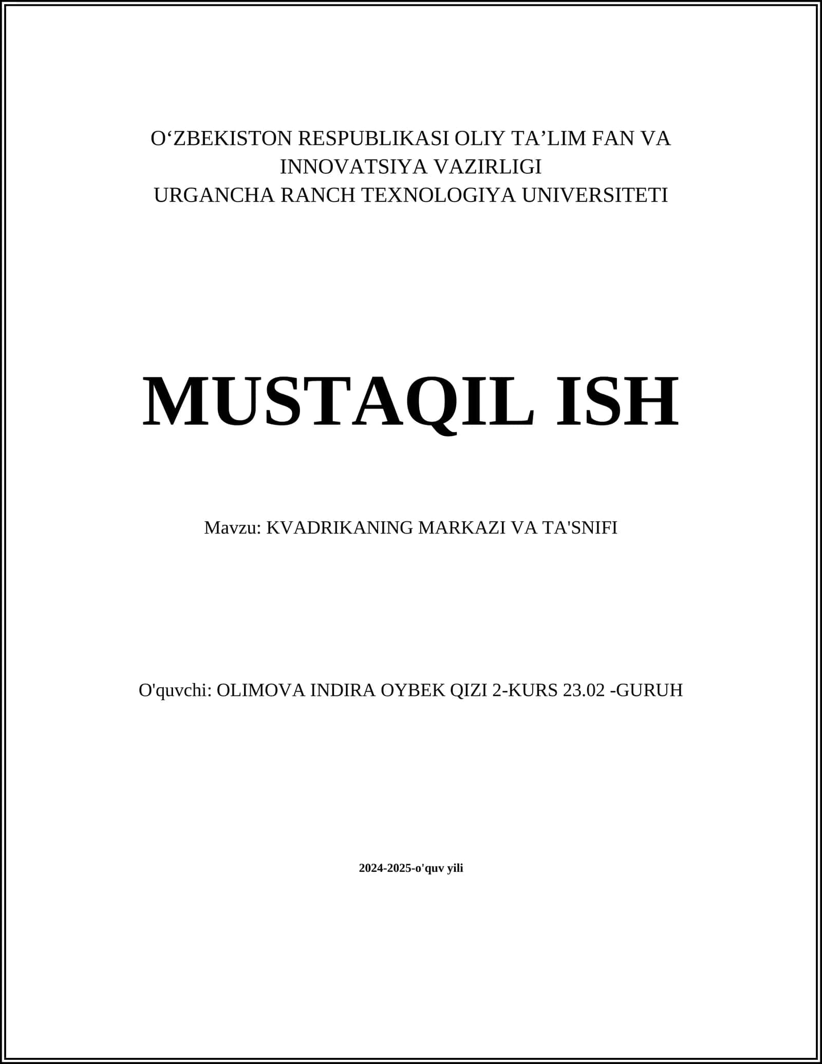 KVADRIKANING MARKAZI VA TA'SNIFI 1