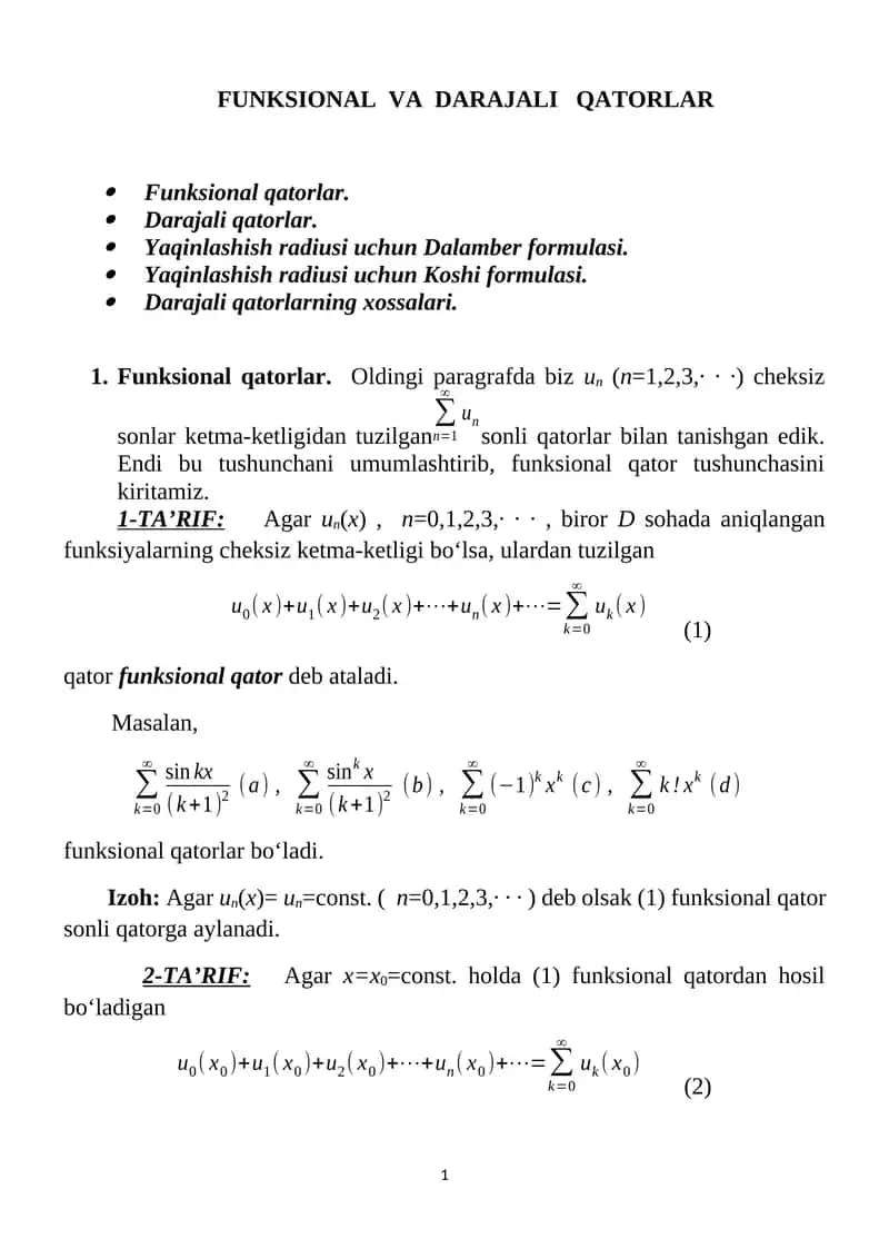 Funksional va DARAJALI QATORLAR 1